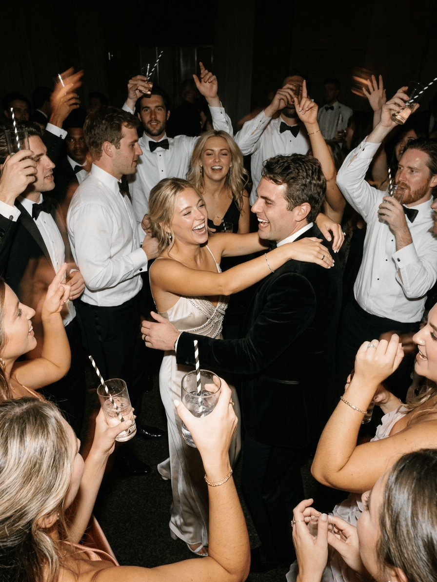 Bride and groom dancing and laughing on the reception dance floor
