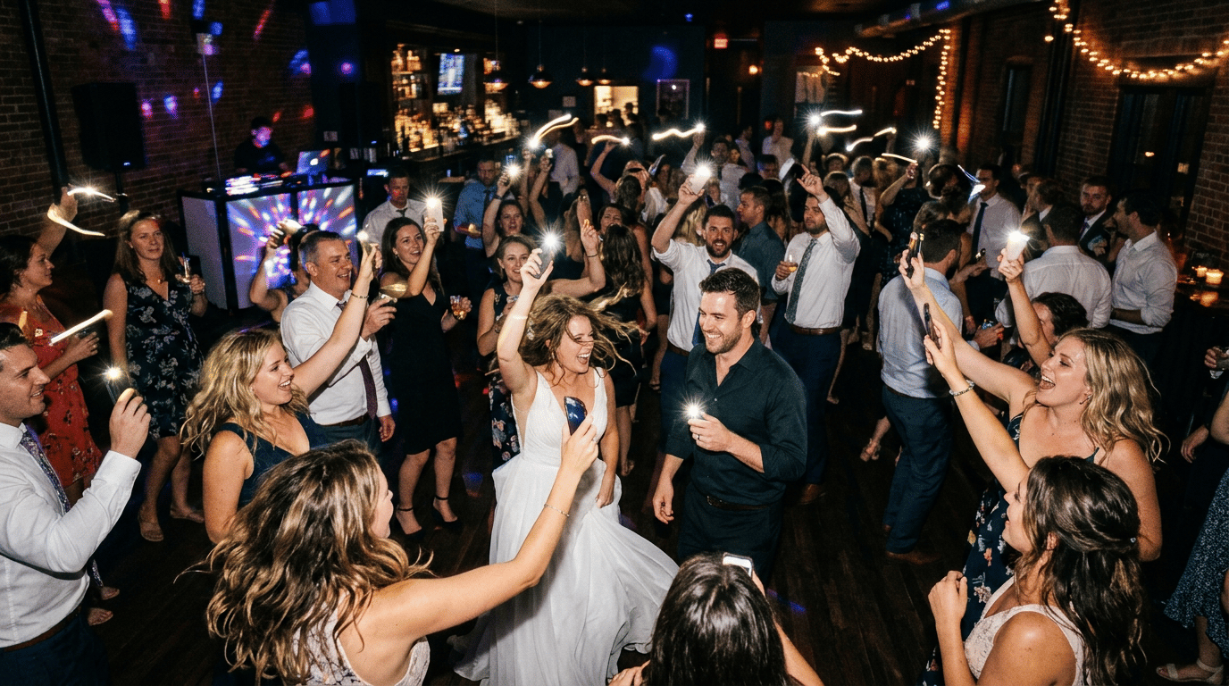 Wedding dance floor with guests capturing moments on their phones