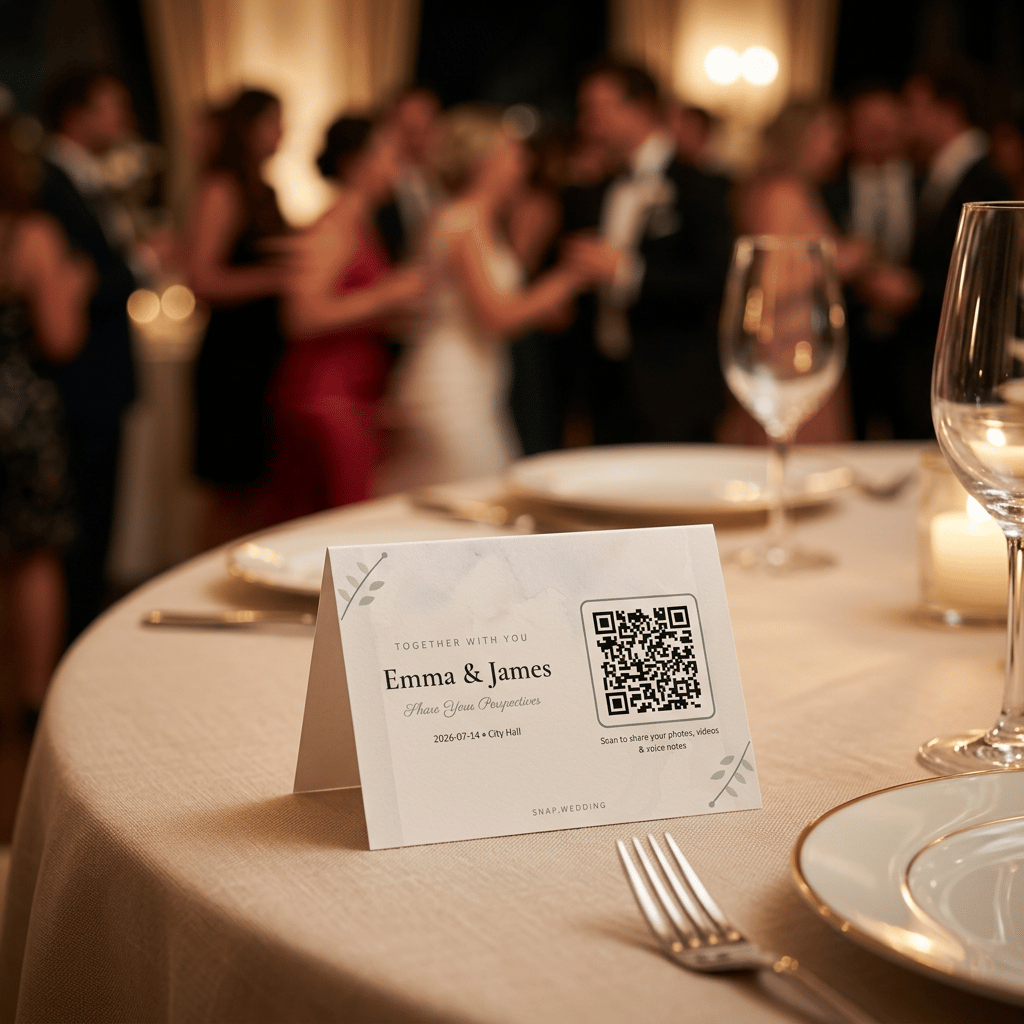 Wedding guest QR card on a reception table — scan to share photos, videos and voice notes